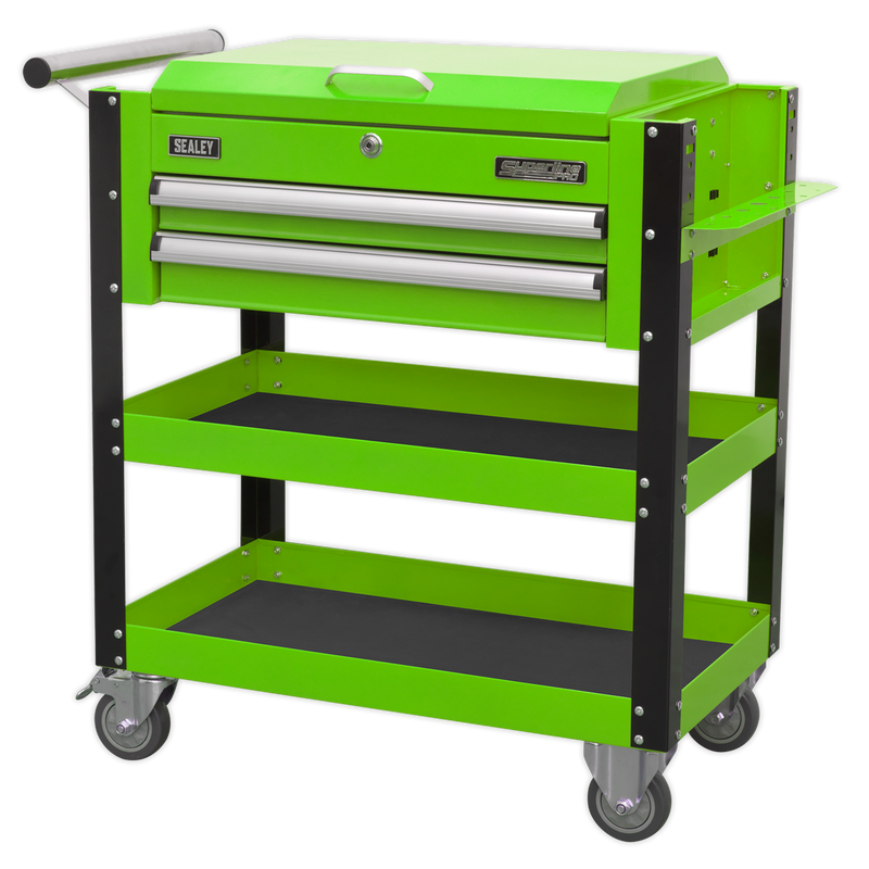 Heavy-Duty Mobile Tool & Parts Trolley 2 Drawers & Lockable Top - Hi-Vis Green | Pipe Manufacturers Ltd..