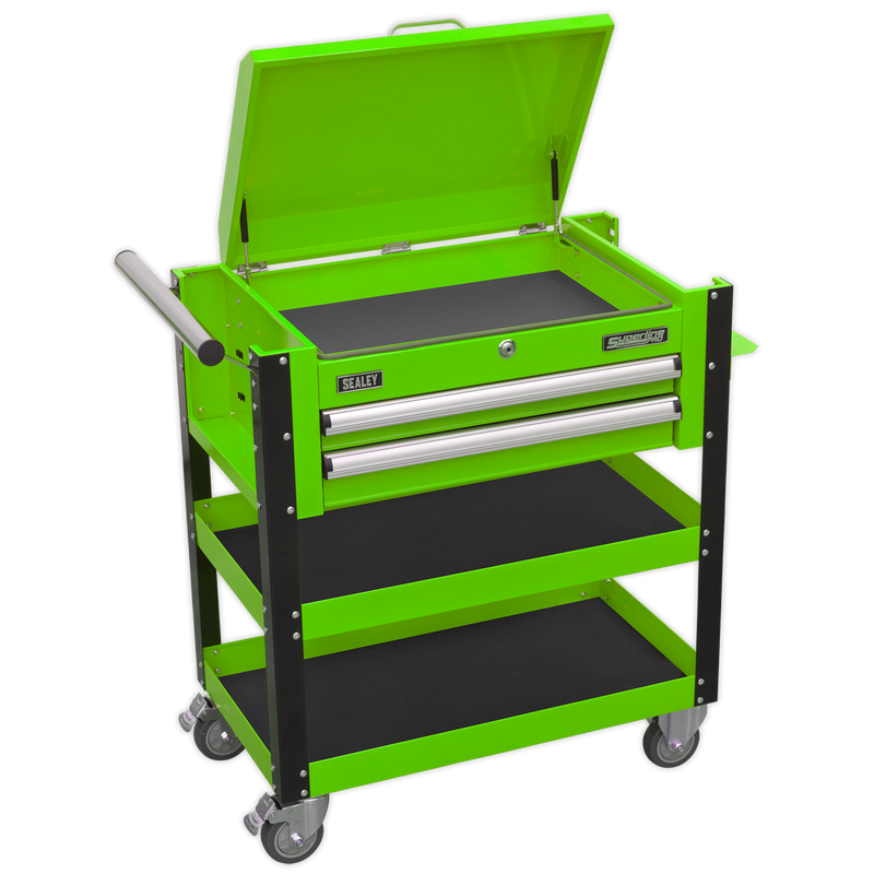 Heavy-Duty Mobile Tool & Parts Trolley 2 Drawers & Lockable Top - Hi-Vis Green | Pipe Manufacturers Ltd..