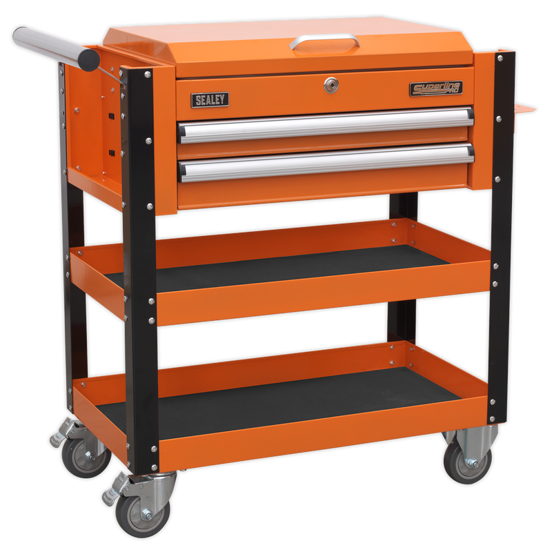 Heavy-Duty Mobile Tool & Parts Trolley 2 Drawers & Lockable Top - Orange | Pipe Manufacturers Ltd..