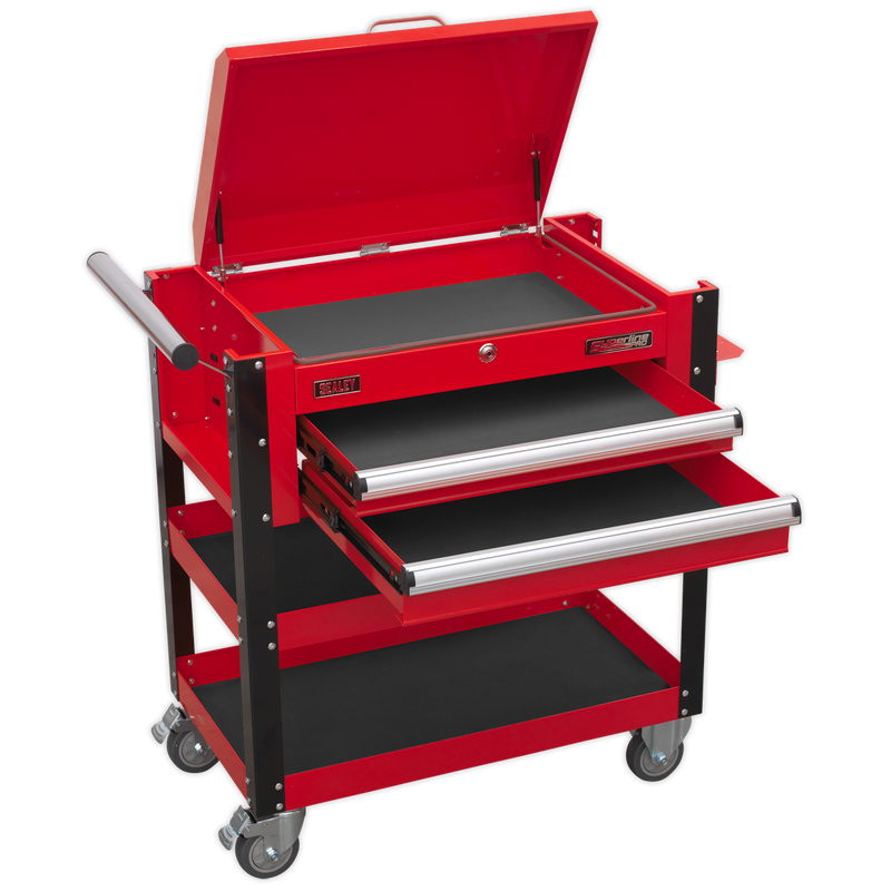 Heavy-Duty Mobile Tool & Parts Trolley 2 Drawers & Lockable Top - Red | Pipe Manufacturers Ltd..