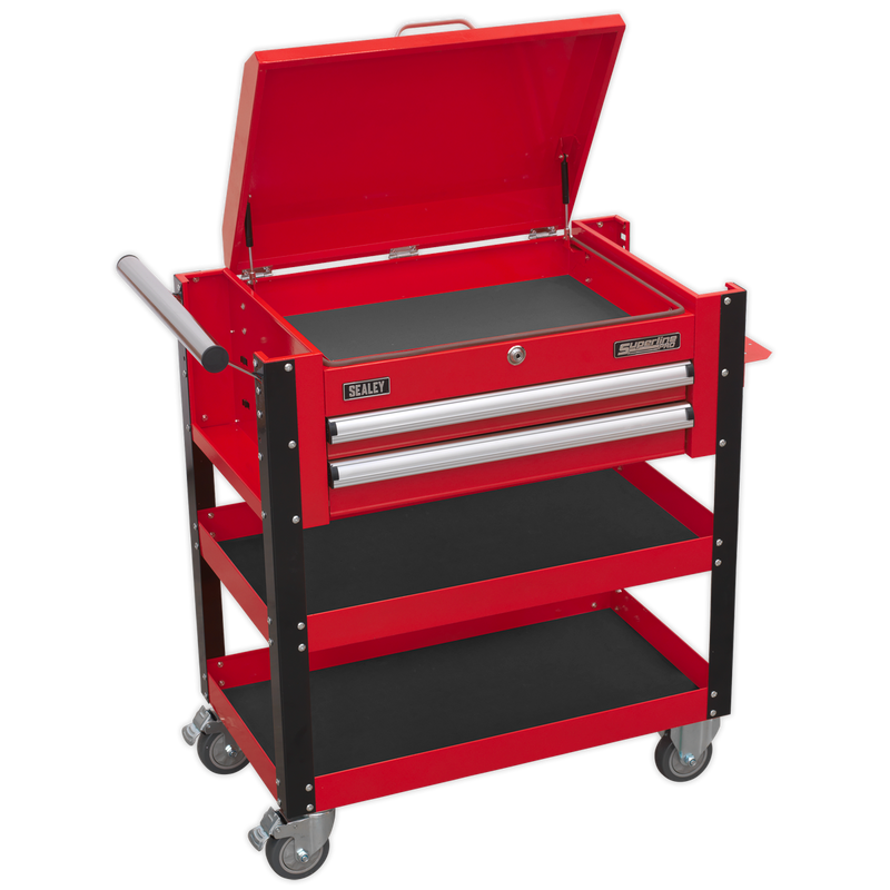 Heavy-Duty Mobile Tool & Parts Trolley 2 Drawers & Lockable Top - Red | Pipe Manufacturers Ltd..