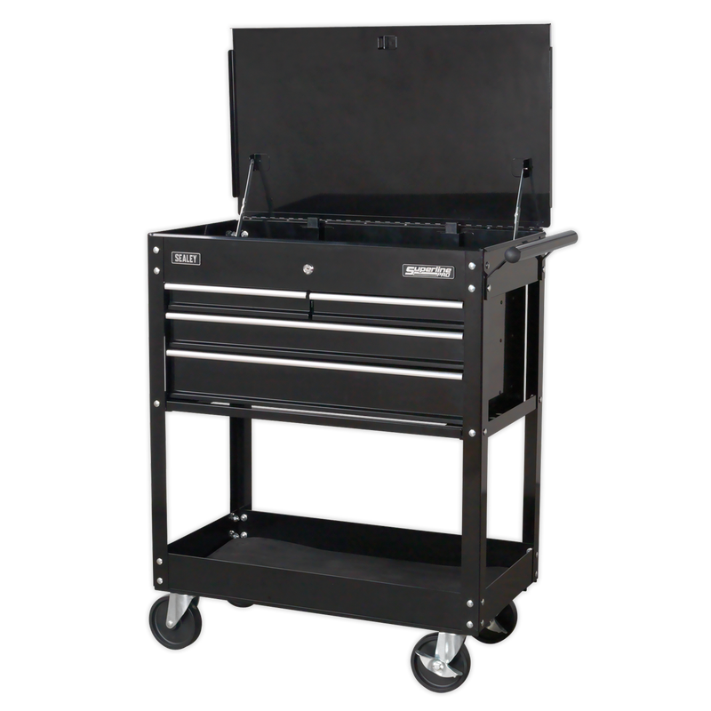 Heavy-Duty Mobile Tool & Parts Trolley with 4 Drawers & Lockable Top - Black | Pipe Manufacturers Ltd..