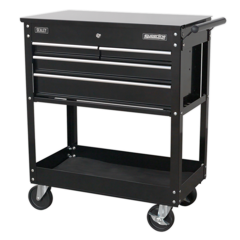 Heavy-Duty Mobile Tool & Parts Trolley with 4 Drawers & Lockable Top - Black | Pipe Manufacturers Ltd..