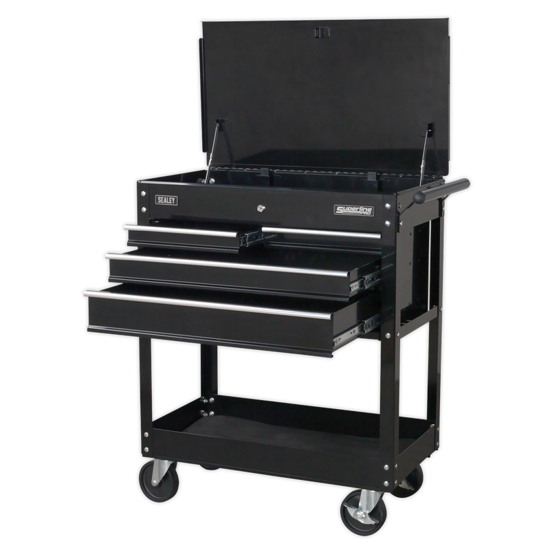 Heavy-Duty Mobile Tool & Parts Trolley with 4 Drawers & Lockable Top - Black | Pipe Manufacturers Ltd..