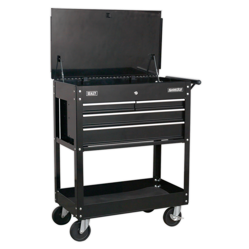 Heavy-Duty Mobile Tool & Parts Trolley with 4 Drawers & Lockable Top - Black | Pipe Manufacturers Ltd..