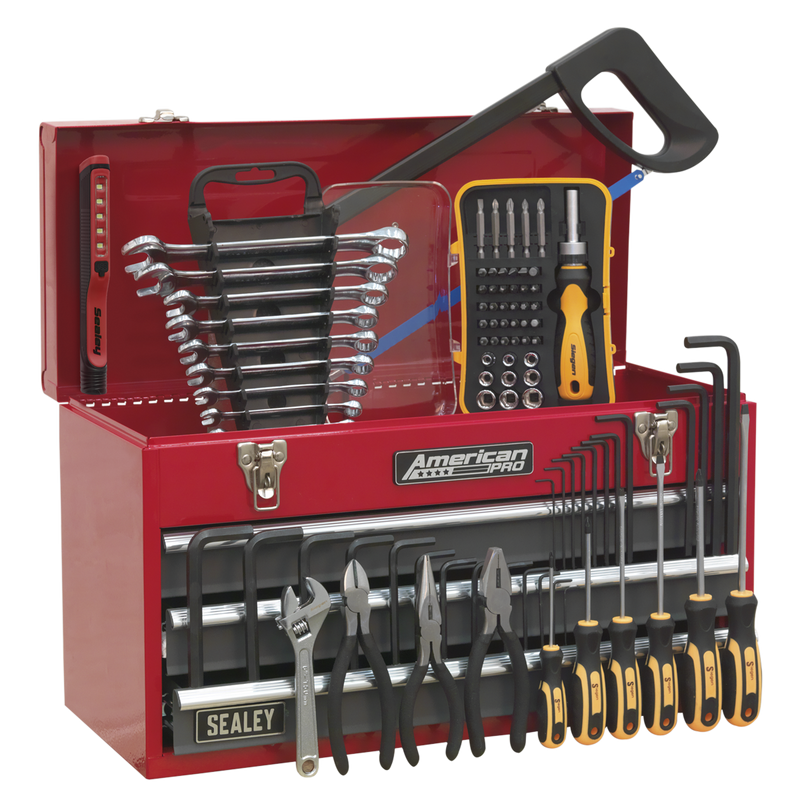 Portable Tool Chest 3 Drawer with Ball Bearing Slides - Red/Grey & 93pc Tool Kit | Pipe Manufacturers Ltd..