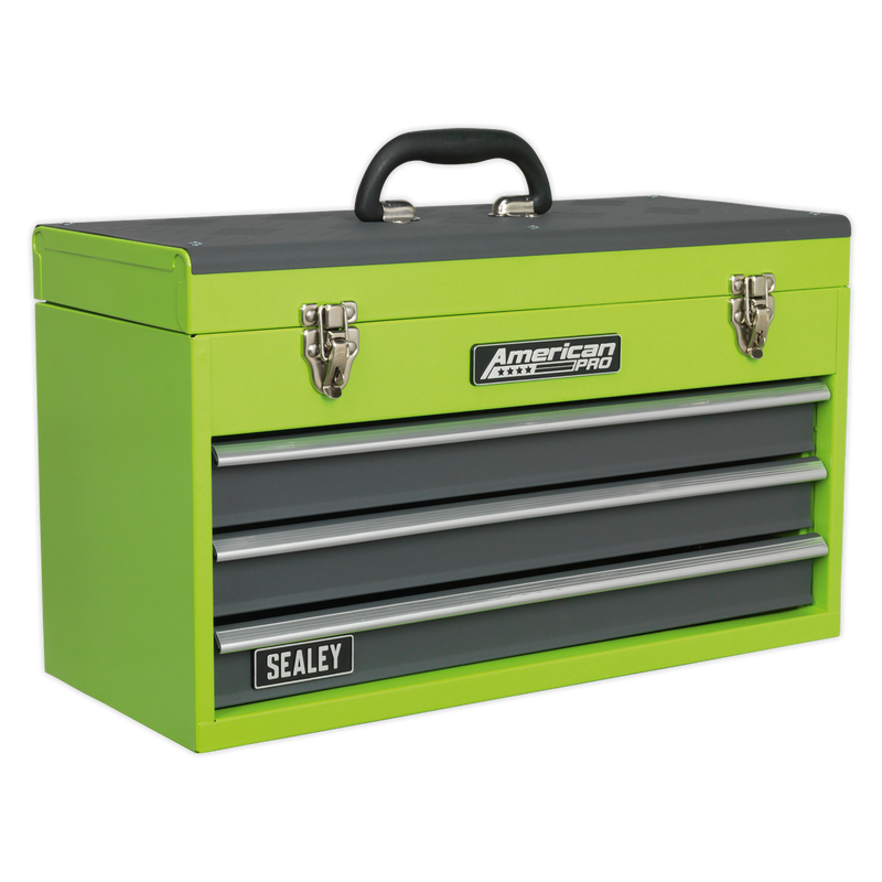 Tool Chest 3 Drawer Portable with Ball Bearing Slides - Hi-Vis Green/Grey | Pipe Manufacturers Ltd..