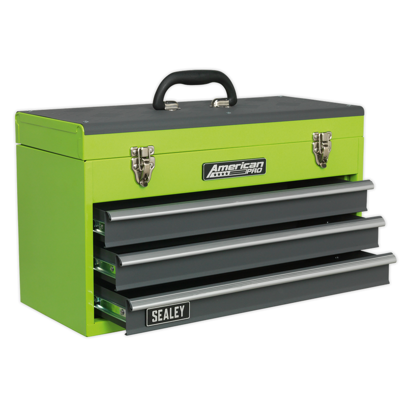 Tool Chest 3 Drawer Portable with Ball Bearing Slides - Hi-Vis Green/Grey | Pipe Manufacturers Ltd..