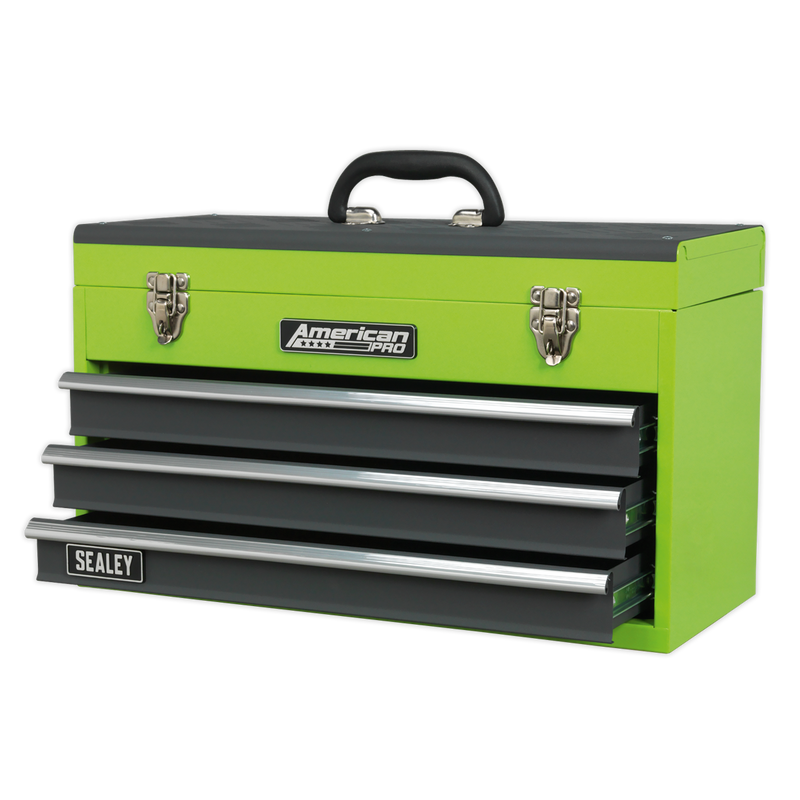 Tool Chest 3 Drawer Portable with Ball Bearing Slides - Hi-Vis Green/Grey | Pipe Manufacturers Ltd..