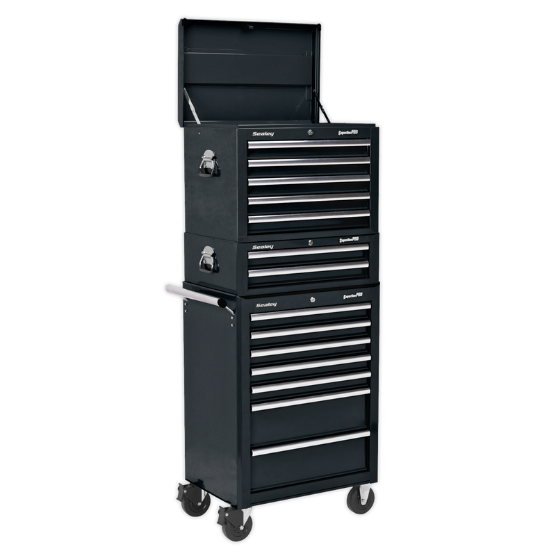 Topchest, Mid-Box & Rollcab Combination 14 Drawer with Ball Bearing Slides - Black | Pipe Manufacturers Ltd..