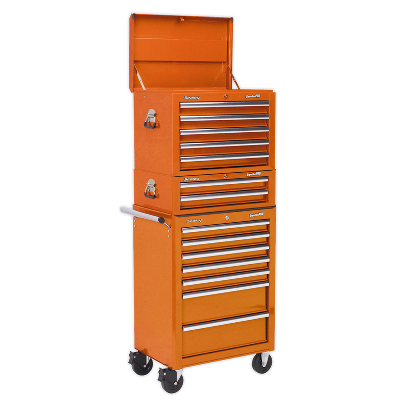 Topchest, Mid-Box & Rollcab Combination 14 Drawer with Ball Bearing Slides - Orange | Pipe Manufacturers Ltd..