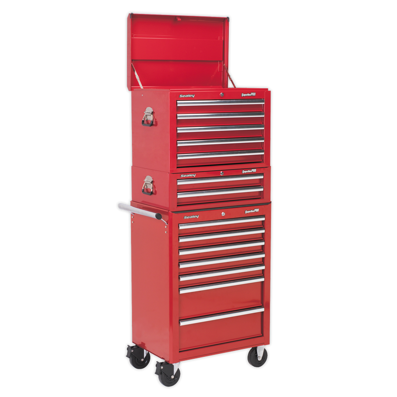 Topchest, Mid-Box & Rollcab Combination 14 Drawer with Ball Bearing Slides - Red | Pipe Manufacturers Ltd..