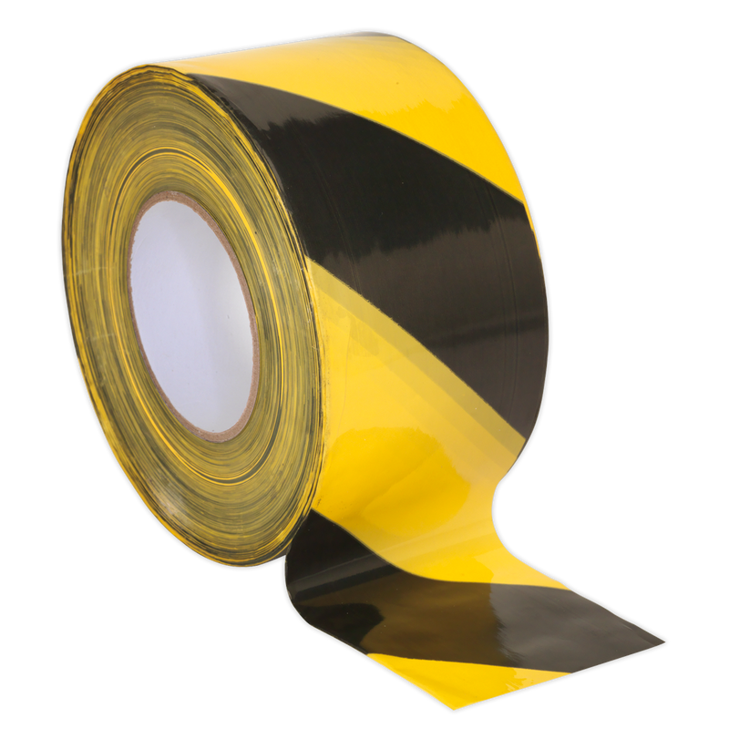 Hazard Warning Barrier Tape 80mm x 100m Black/Yellow Non-Adhesive | Pipe Manufacturers Ltd..