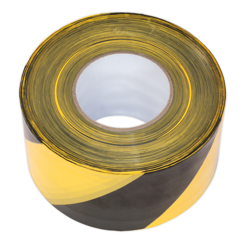 Hazard Warning Barrier Tape 80mm x 100m Black/Yellow Non-Adhesive | Pipe Manufacturers Ltd..