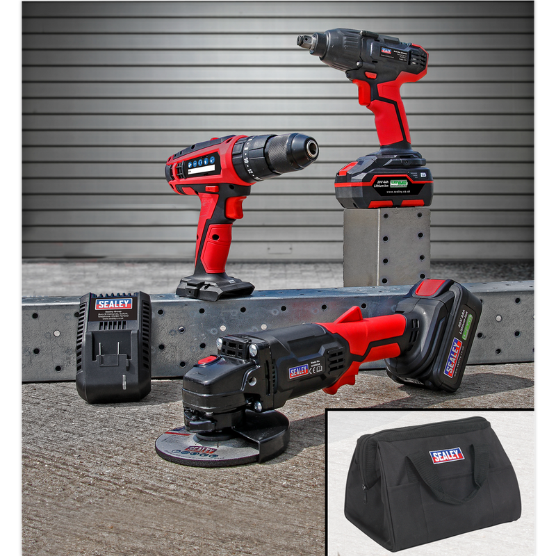20V Cordless 13mm Hammer Drill/1/2"Sq Drive Impact Wrench/¯115mm Angle Grinder Combo Kit | Pipe Manufacturers Ltd..