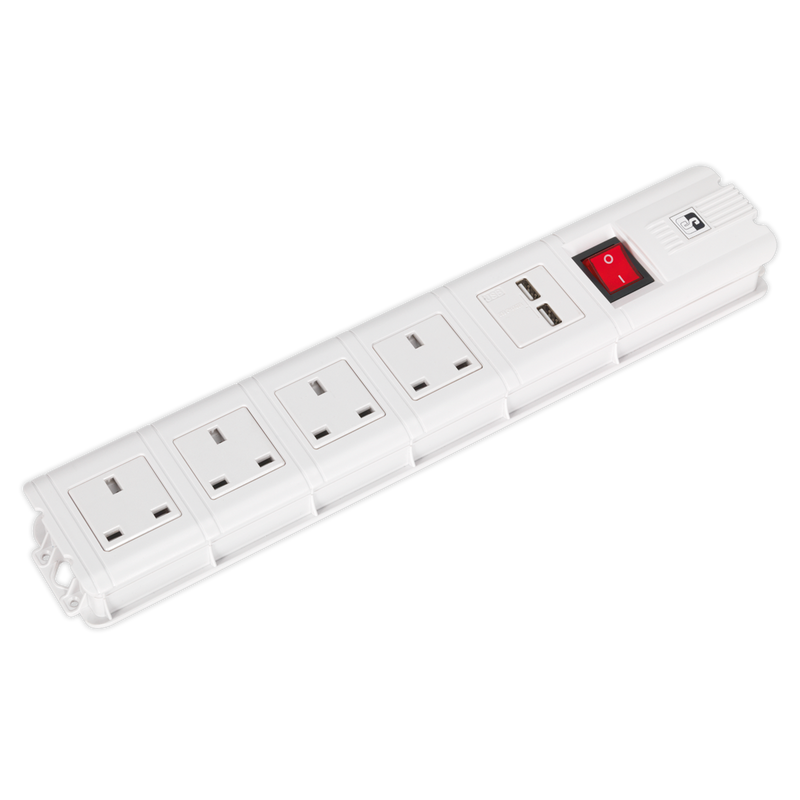 Extension Cable 3m 4 x 230V + 2 x USB Sockets - White | Pipe Manufacturers Ltd..