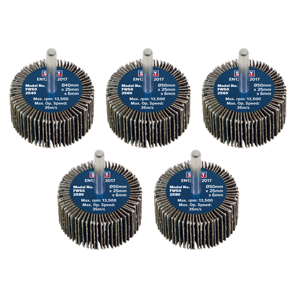 ¯50 x 25mm Flap Wheel ¯6mm Shaft Assorted Grit - Pack of 5