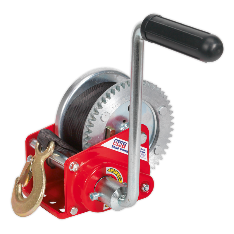 Geared Hand Winch with Brake & Webbing 540kg Capacity | Pipe Manufacturers Ltd..
