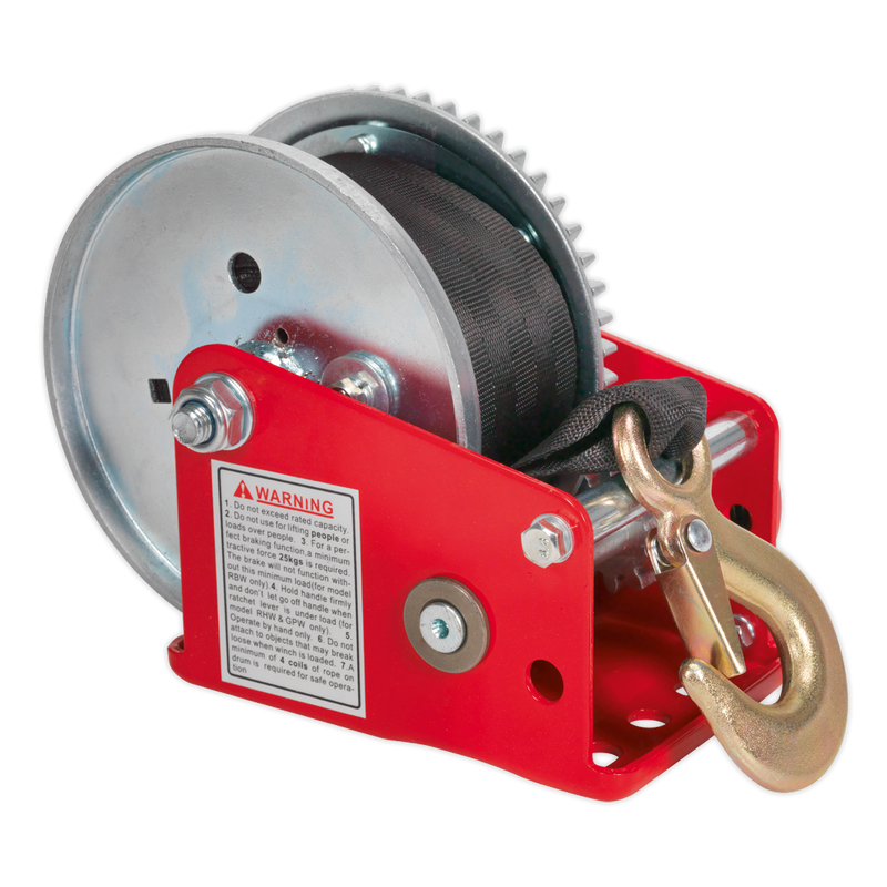 Geared Hand Winch with Brake & Webbing 540kg Capacity | Pipe Manufacturers Ltd..
