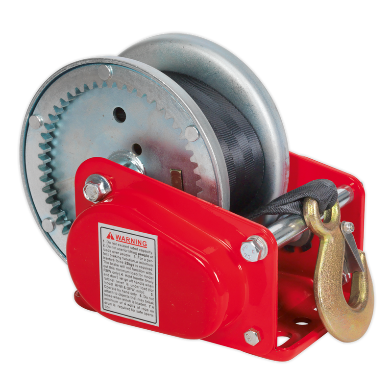 Geared Hand Winch with Brake & Webbing 900kg Capacity | Pipe Manufacturers Ltd..
