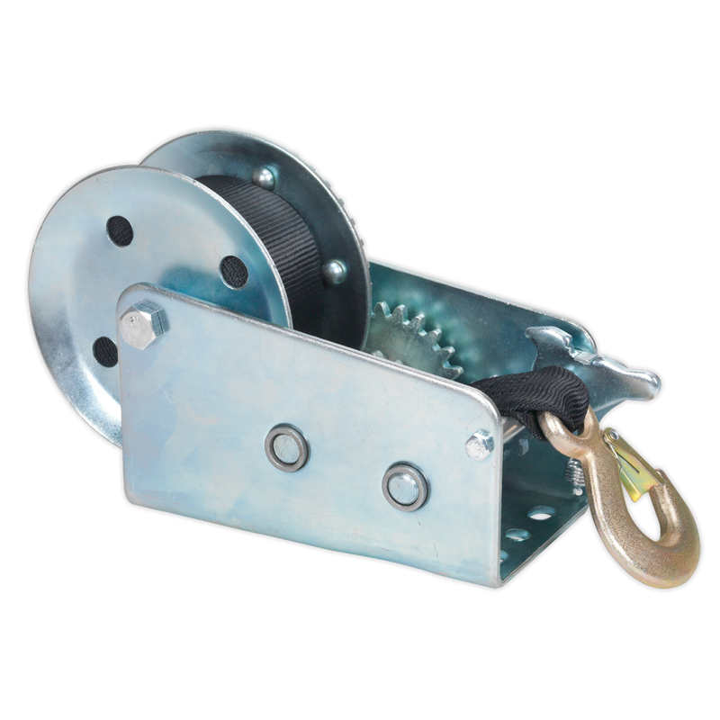 Geared Hand Winch 900kg Capacity with Webbing Strap | Pipe Manufacturers Ltd..