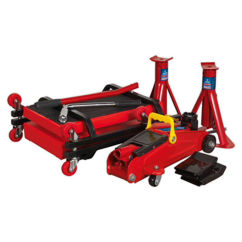 Lifting Kit 5pc 2tonne (Inc Jack, Axle Stands, Creeper, Chocks & Wrench) | Pipe Manufacturers Ltd..