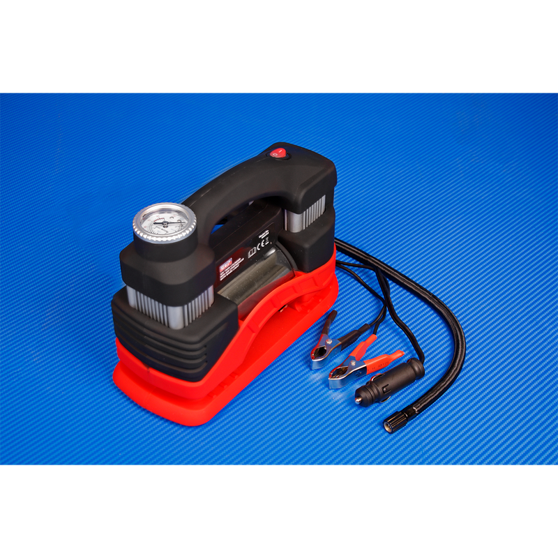 Tyre Inflator/Mini Air Compressor with Work Light Twin Cylinder 12V | Pipe Manufacturers Ltd..