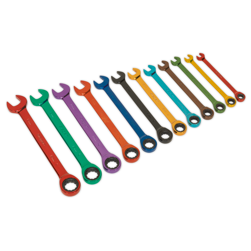 Ratchet Combination Spanner Set 12pc Multi-Coloured Metric | Pipe Manufacturers Ltd..
