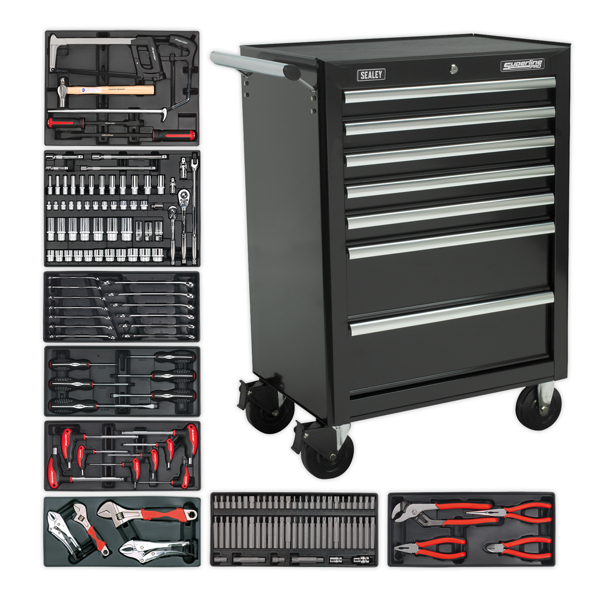 Rollcab 7 Drawer - Ball Bearing Slides - Black with 156pc Tool Kit