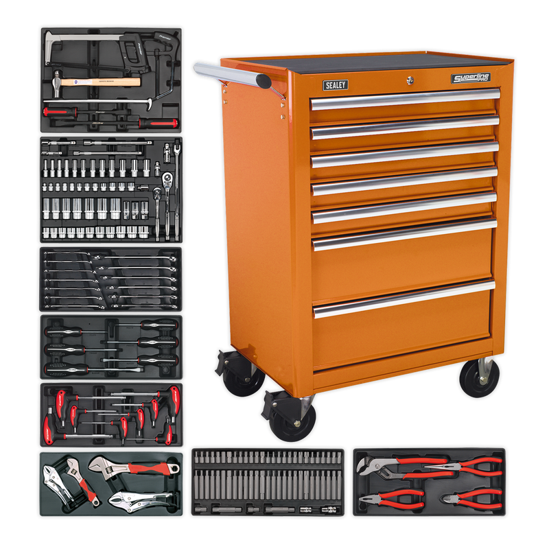Rollcab 7 Drawer - Ball Bearing Slides - Orange with 156pc Tool Kit | Pipe Manufacturers Ltd..