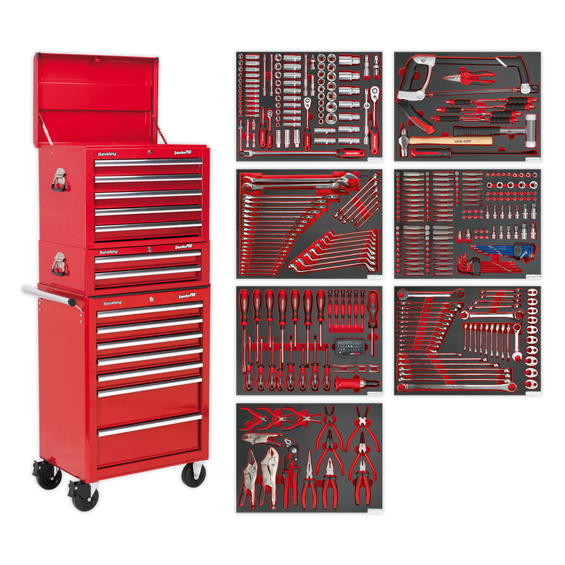 Tool Chest Combination 14 Drawer with Ball Bearing Slides - Red & 446pc Tool Kit | Pipe Manufacturers Ltd..