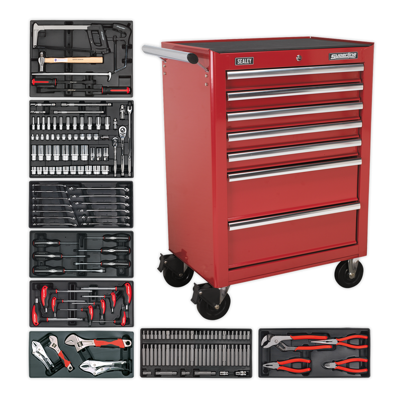 Rollcab 7 Drawer - Ball Bearing Slides - Red with 156pc Tool Kit | Pipe Manufacturers Ltd..