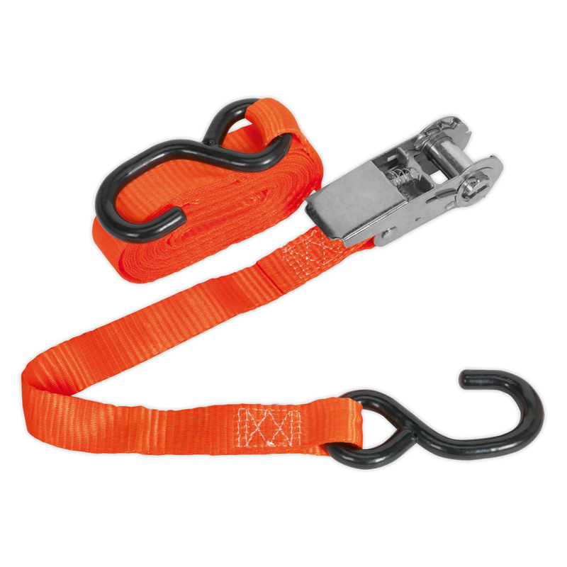 Ratchet Tie Down 25mm x 4.5m Polyester Webbing with S Hook 800kg Load Test | Pipe Manufacturers Ltd..