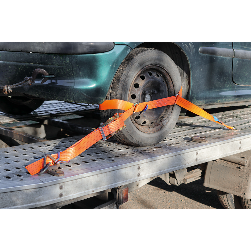 Car Transporter Ratchet Tie Down 50mm x 3m Steel Wheel - Single 4500kg Load Test | Pipe Manufacturers Ltd..