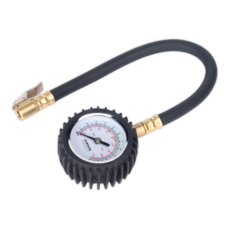 Tyre Pressure Gauge with Clip-On Chuck 0-7bar(0-100psi) | Pipe Manufacturers Ltd..