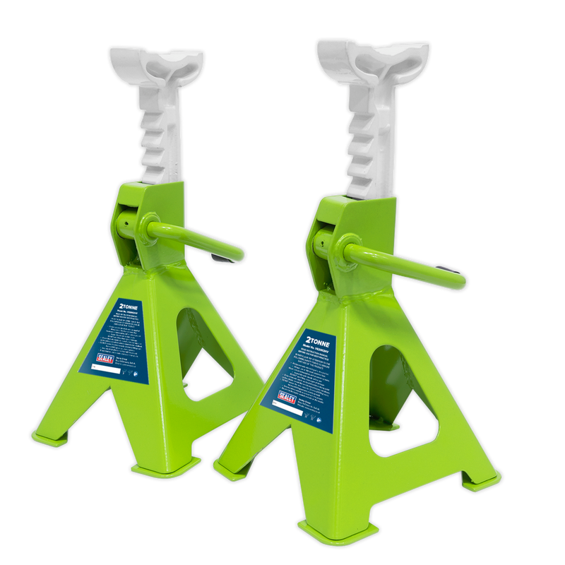 Axle Stands (Pair) 2tonne Capacity per Stand Ratchet Type - Hi-Vis Green | Pipe Manufacturers Ltd..